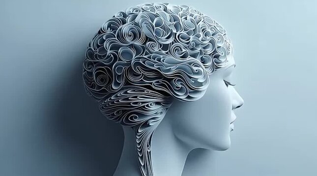 A conceptual 3D render of a stylized human head in profile, showcasing an intricately designed brain made of delicate, swirling paper-like patterns against a subtle blue background.