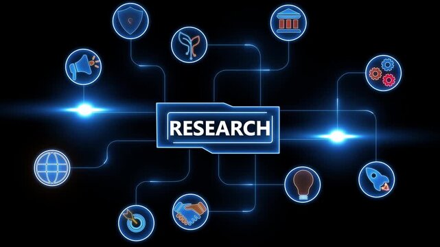 Digital research diagram with glowing icons and central text on black background study analysis