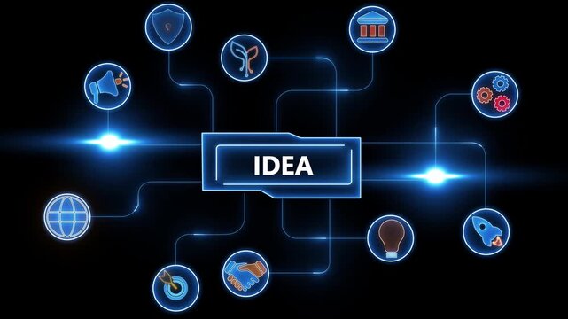Idea concept with interconnected icons and glowing lights on black background innovation creativity