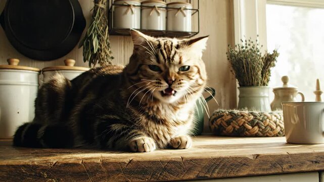 Tabby cat resting on a wooden counter with a change in facial expression. Concept of domestic animal life and cozy rustic home.
