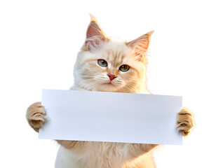 White cat holding blank sign isolated on transparent background