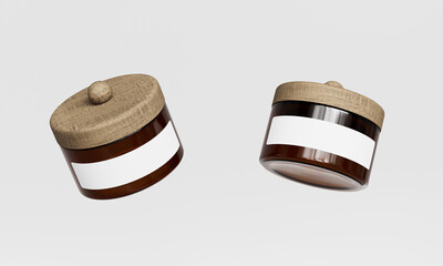 나무 뚜껑과 빈 라벨이 있는 유리병 목업 Glass Jar with Wooden Lid and Blank Label Mock up