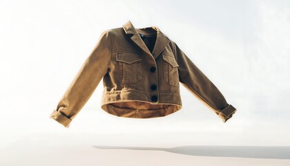 Trendy cropped jacket floating mid-air with clear stitching and detailed fabric texture, captured in bright studio lighting and isolated on a clean white background.