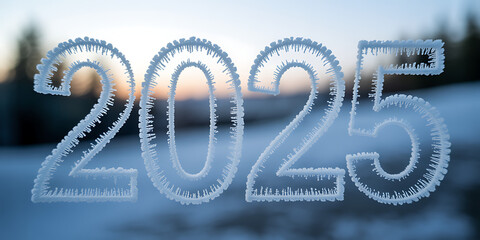 The year 2025 rendered in frosted ice letters against a soft, wintery sunset background
