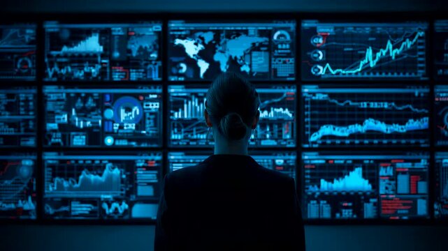 Silhouette trader standing before massive array of glowing blue financial charts screens and world maps in dark control room
