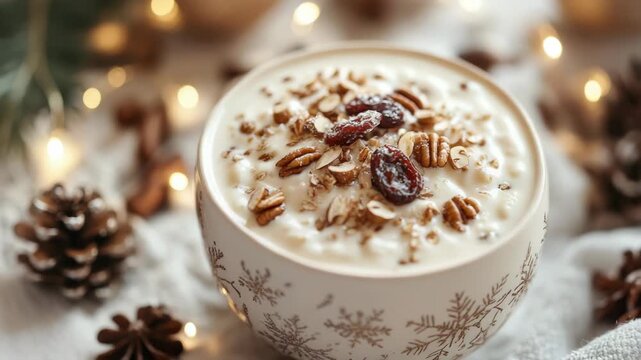 Festive pudding with dried fruit and nuts on a soft linen background with garlands and snowflakes. Cozy winter scene with pine branches and holiday decor. Perfect for seasonal banners and copy space.
