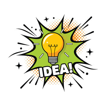 Comic book pop art idea light bulb with green explosion background vector illustration