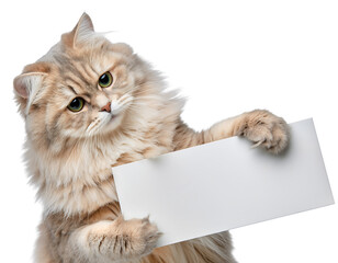 Adorable orange cat holding blank card isolated on transparent background