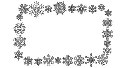 Intricate black snowflake border frames a spacious white center suitable for invitations seasonal banners and decorative prints.