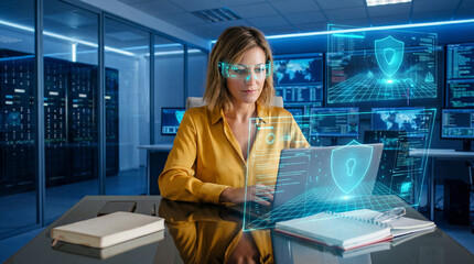 Cybersecurity Analyst Woman Monitoring Digital Threat Defense