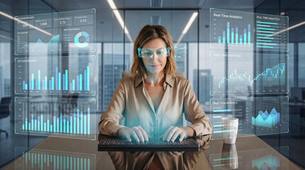 Data Analyst Woman Working With Real Time Analytics Dashboard