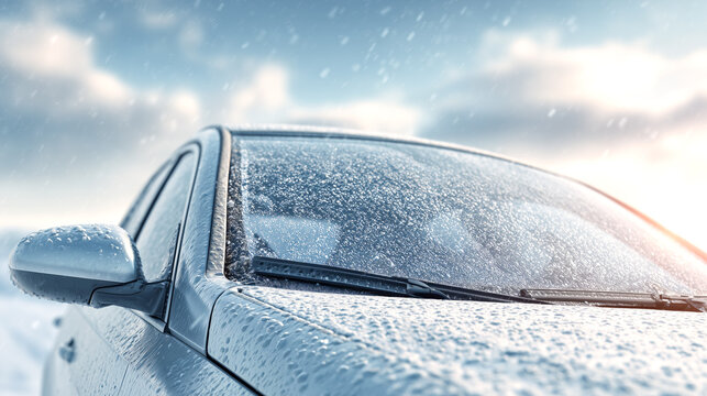 Close-up of a car windshield covered with snow in winter conditions, highlighting seasonal vehicle care, cold weather driving and safety concepts, ideal for Winter Car Maintenance themes with copy spa