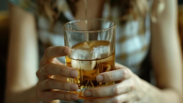 This features a woman holding a glass of beer with ice cubes inside. The focus is on her hand and the drink, while she sits in an indoor setting. She has long hair and is wearing a patterned top.