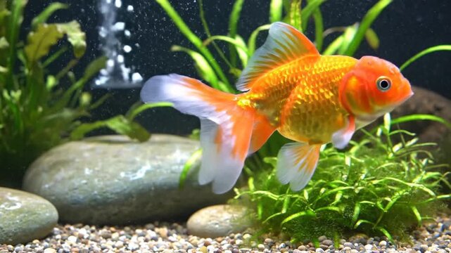 Vibrant goldfish swimming in aquarium surrounded by green plants