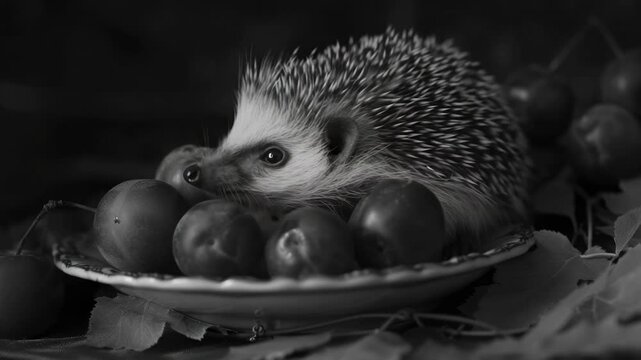 A cute hedgehog with quills sitting among a bunch of fresh grapes on a plate with leaves in the background.