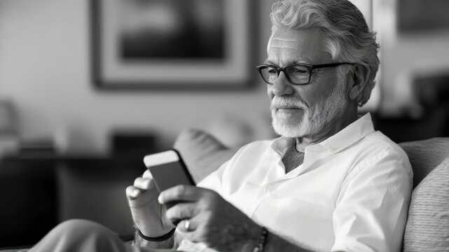 A relaxed older man wearing glasses sitting on a couch reading a book.
