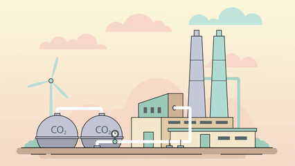 Carbon capture and storage industrial facility with CO2 tanks wind turbine and factory buildings showing clean energy technology and emission reduction concept