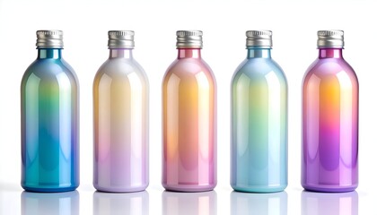 Five colorful bottles with metallic caps, gradient hues against white, reflective surface