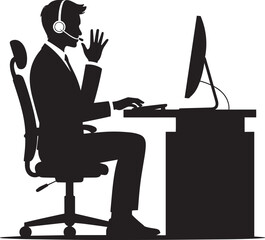 Call center agent silhouette answering phone call at office desk with computer monitor