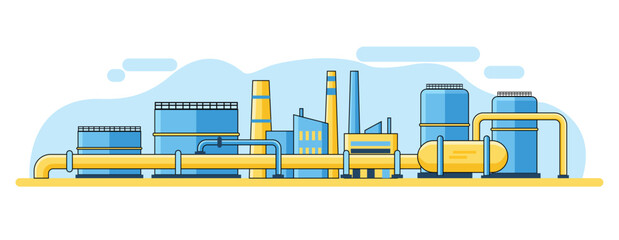 Industrial factory scene showing pipeline network, storage tanks, and refinery buildings in flat vector style, ideal for energy, industry, and manufacturing concepts