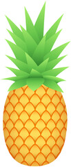 Yellow tropical pineapple fruit illustration with fresh green leaves. Ideal fruit for clipart icon as a sticker-style graphic for summer designs.