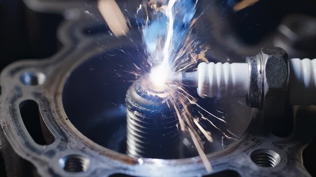 Ignition Spark Plug Igniting Inside Engine Cylinder With Sparks