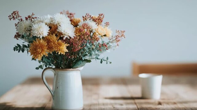 Bouquet of fresh fall flowers in a pitcher on a rustic wooden table with a blurred background element