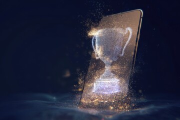 Digital Trophy Emerging from Smartphone in Futuristic Glow.