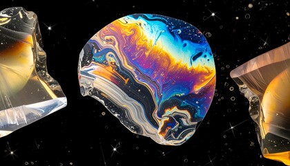 Iridescent abstract of floating, colorful soap-like objects against black background with sparkles