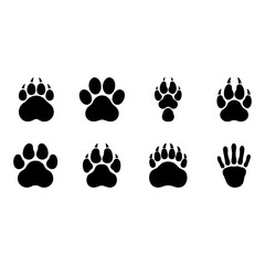A set of animal paw print filled icons designed as bold and recognizable symbols.
Each icon is rendered as a solid black shape on a white background, providing strong visual contrast and clarity.
The 