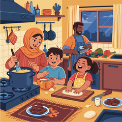 Family Cooking Together in Kitchen at Home.