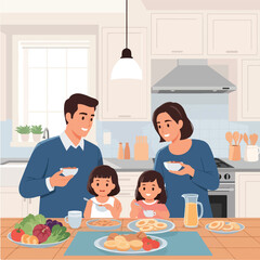 Family Enjoying Breakfast Together in a Bright Kitchen Setting.