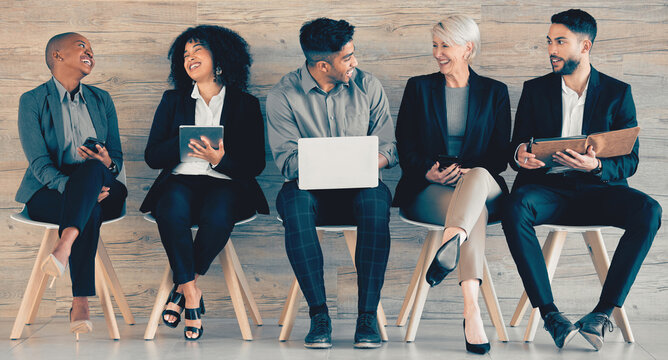 Waiting room, business people and conversation for hiring, recruitment or diverse career opportunity. Happy group, queue or discussion for interview preparation, human resources or job search on tech - Powered by Adobe