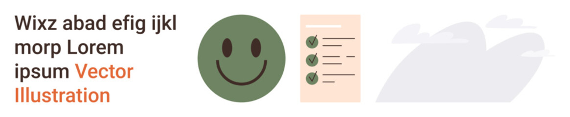 Mental health, productivity, task management, positivity, workflow, efficiency. happy face alongside a checklist and placeholder text. Mental health and productivity concept