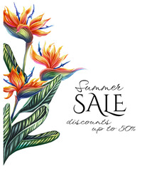 Illustration of strelitzia. Frame with an exotic plant  bird-of-paradise. Botanical wedding invitation template. Floral decoration for a card