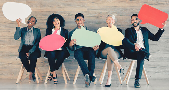 Business, people and happy employee with speech bubble for promotion, mockup space and marketing. Diversity, waiting room and recruitment for job interview or career opportunity and poster with smile