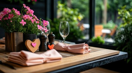 Romantic restaurant table setting with pink flowers wooden hearts and soft linen napkins awaits guests