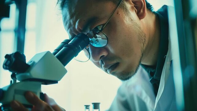 A focused man looking through a microscope in his laboratory.