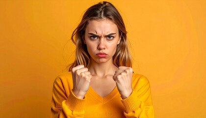 Furious young woman with clenched fists and angry expression, conveying intense frustration and anger