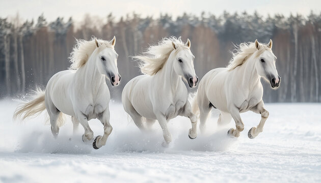 With the wind catching their flowing manes, three white horses dash through a snowy expanse beneath a dramatic, cloud-filled sky, evoking feelings of freedom and power