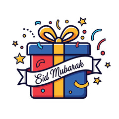 Festive Eid Mubarak Gift Box Illustration with Ribbon and Confetti.