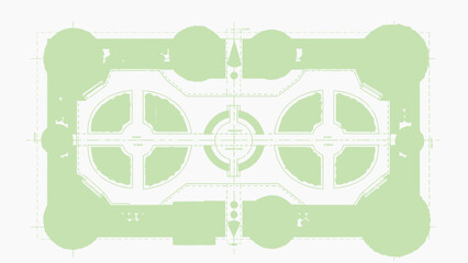 Architectural blueprint of a formal garden symmetrical layout with pathways and circular beds top-do