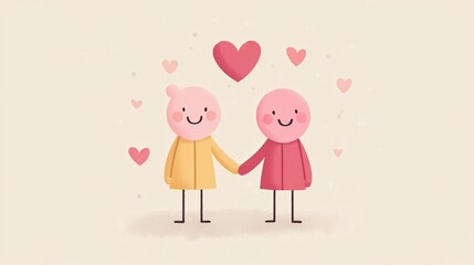 Fototapeta premium A cute couple holding hands. Minimalistic cartoon characters in coats, with round heads and rosy cheeks, surrounded by pink hearts on a beige background, depict valentines or friendship.