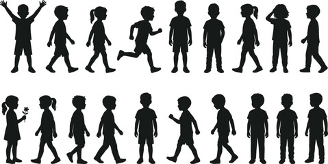 Children silhouettes collection showing boys and girls walking running standing and playing black vector illustration for education design projects