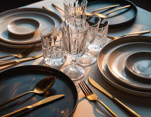 Elegant table setting featuring chic minimalist plates in dark and neutral tones, gleaming golden cutlery, and sparkling crystal glassware. Soft, warm light creates a luxurious ambiance.