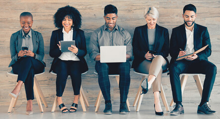 Business, people and happy in row with technology for communication and networking as lawyer....