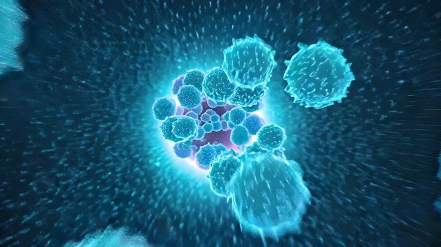 Abstract visualization of cancer cells and medical biotechnology in glowing blue background, symbolizing innovation in cancer vaccine development