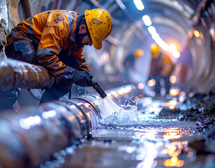 Plumbers repairing a burst industrial pipe in a dim underground tunnel