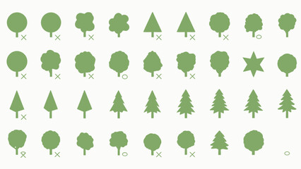 Collection of green tree icons simple flat vector illustrations for nature and environment concepts 