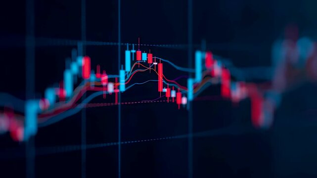 Dynamic candlestick stock chart with red blue bars trend line overlay on glowing dark grid background
